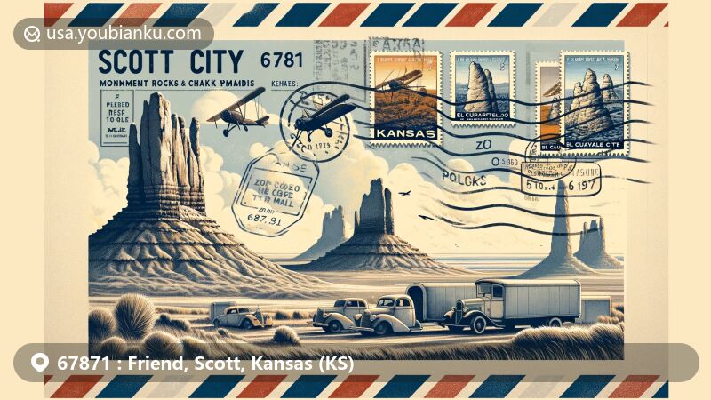 Vibrant modern illustration of Scott City, Kansas, highlighting Monument Rocks & Chalk Pyramids, El Cuartelejo Pueblo Ruins, vintage air mail elements, and ZIP code 67871.