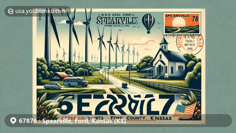 Modern illustration of Spearville, Ford County, Kansas, highlighting local and postal elements, such as Greenstreet Park, Spearville Wind Energy Facility, historical ties to 1873 and Santa Fe Trail, vintage postcard style with ZIP code 67876, wind turbine postal stamp, and Spearville postmark.