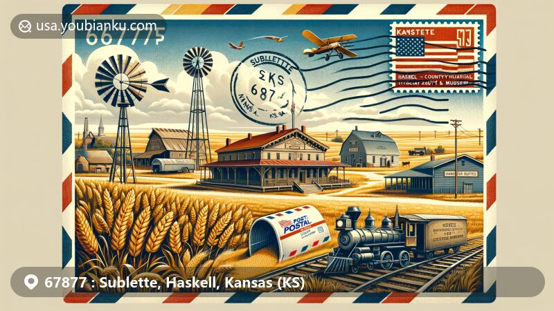 Modern illustration of Sublette, Kansas, highlighting semi-arid landscape and agricultural aspects, featuring Wheat fields, Haskell County Historical Society & Museum, and Santa Fe Depot.