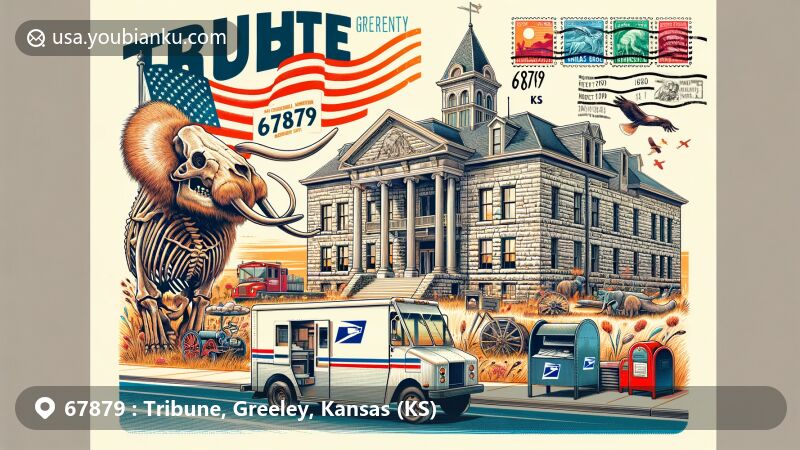 Modern illustration of Tribune, Greeley County, Kansas, featuring the Horace Greeley Museum, limestone courthouse with prehistoric mammoth skull exhibit, and Kansas state flag, blended with postal elements for ZIP code 67879.