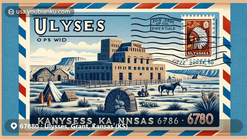 Modern illustration of Ulysses, Grant County, Kansas, showcasing postal theme with ZIP code 67880, featuring Historic Adobe Museum, Indian encampment, pioneer sod house, and vintage freight wagon.