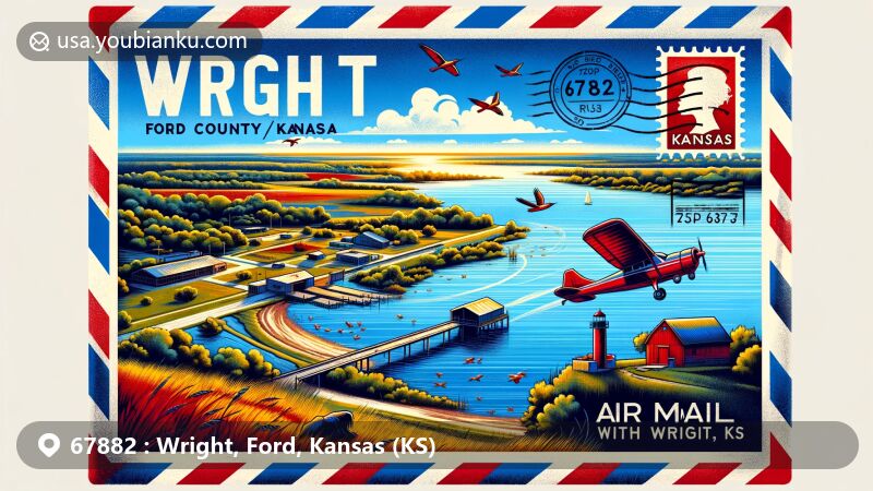 Modern illustration of Wright, Ford County, Kansas, showcasing postal theme with ZIP code 67882, featuring Ford State Fishing Lake & Wildlife Area and vintage air mail design elements.