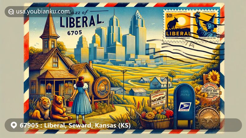 Modern illustration of Liberal, Kansas, showcasing Dorothy’s House, Land of Oz, and International Pancake Day Hall of Fame, against the backdrop of the Great Plains, with modern postal elements and cultural landmarks.
