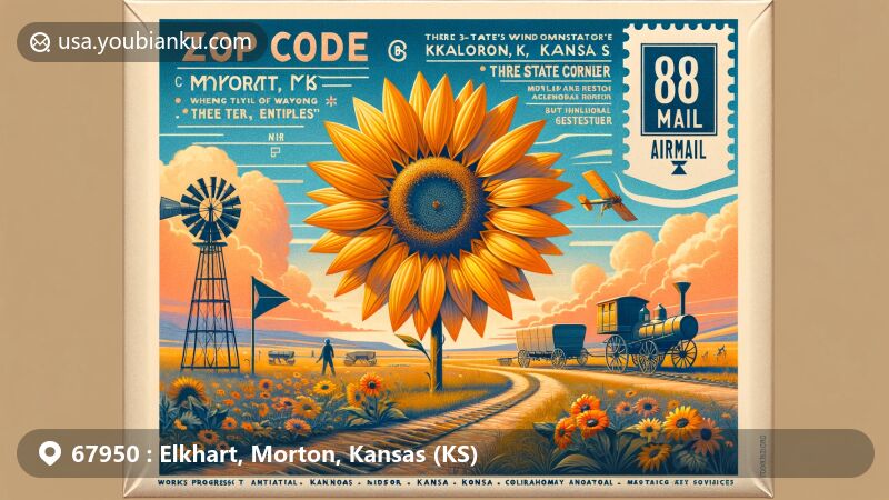 Modern illustration of Elkhart, Morton, Kansas (KS) with ZIP code 67950, featuring airmail envelope background, sunflower (state flower), 'Point of Rocks' landmark, 'Three State Windmill', WPA Bridge silhouette, and postal elements.
