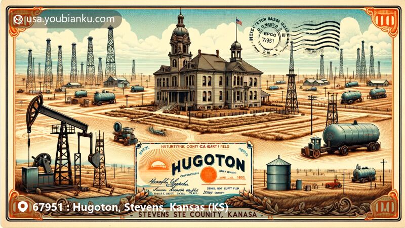 Modern illustration of Hugoton, Stevens County, Kansas, showcasing postal theme with ZIP code 67951, featuring courthouse, gas derricks, and Dust Bowl references.