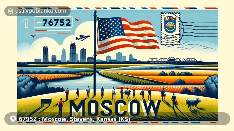 Modern illustration of Moscow, Stevens County, Kansas, showcasing rural beauty with rolling cropland, Cimarron River, Kansas state flag, diverse community, and vintage postal theme with ZIP code 67952.