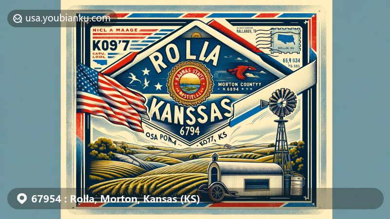 Modern illustration of Rolla, Morton County, Kansas, featuring vintage air mail envelope with Kansas state flag, Morton County outline, Great Plains scenery, and ZIP code 67954, creatively showcasing local identity and connection.