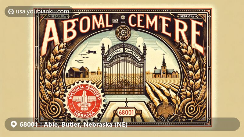 Vintage-style illustration of Abie, Nebraska, representing ZIP code 68001, featuring Czech heritage and agricultural background with traditional motifs, including a Czech-inspired gate leading to the National Cemetery, sheaves of wheat, and Nebraska and Butler County outlines.