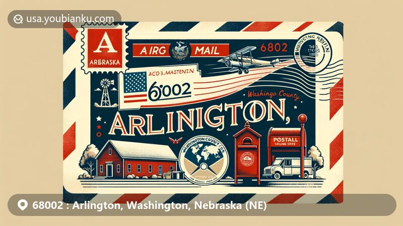 Modern illustration of Arlington, Nebraska, showcasing postal theme with ZIP code 68002, featuring vintage air mail envelope, Nebraska state flag stamp, Washington County map, rural village scene, red mailbox, and postal truck.