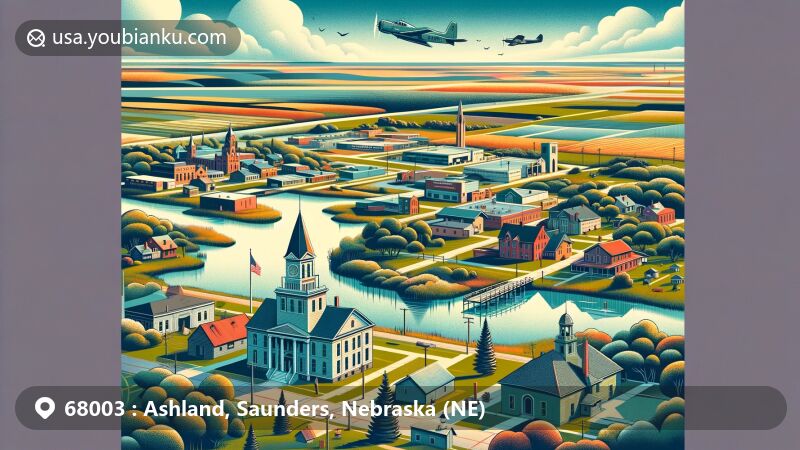 Modern illustration of Ashland, Saunders, Nebraska (NE), showcasing scenic Platte River, historic Saunders County Courthouse, Strategic Air Command Museum, and Mahoney State Park.