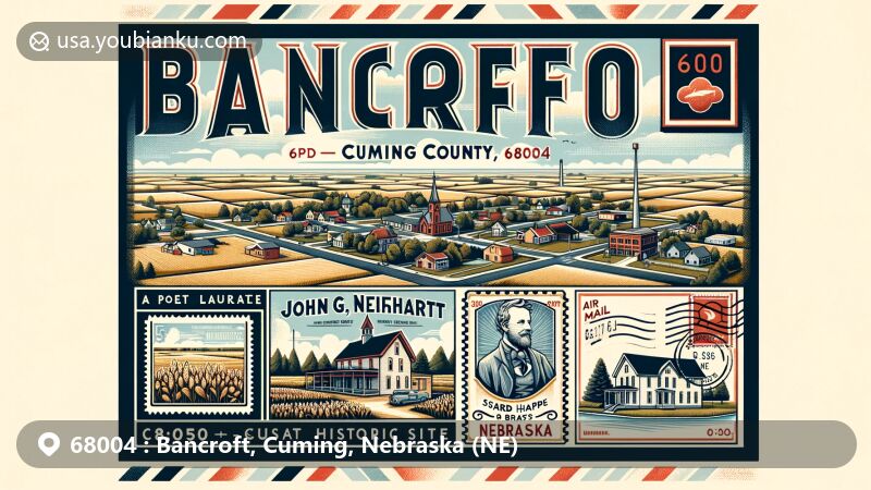 Modern illustration of Bancroft, Cuming County, Nebraska, showcasing postal theme with ZIP code 68004, featuring John G. Neihardt State Historic Site and Nebraska's agricultural heritage.