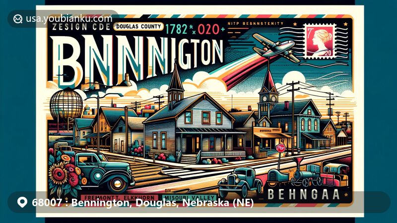 Modern illustration of Bennington, Douglas County, Nebraska, featuring the iconic ZIP code 68007, highlighting the town's small-town charm, establishment history in the 1880s with the Fremont, Elkhorn and Missouri Valley Railroad, and founding in 1892.