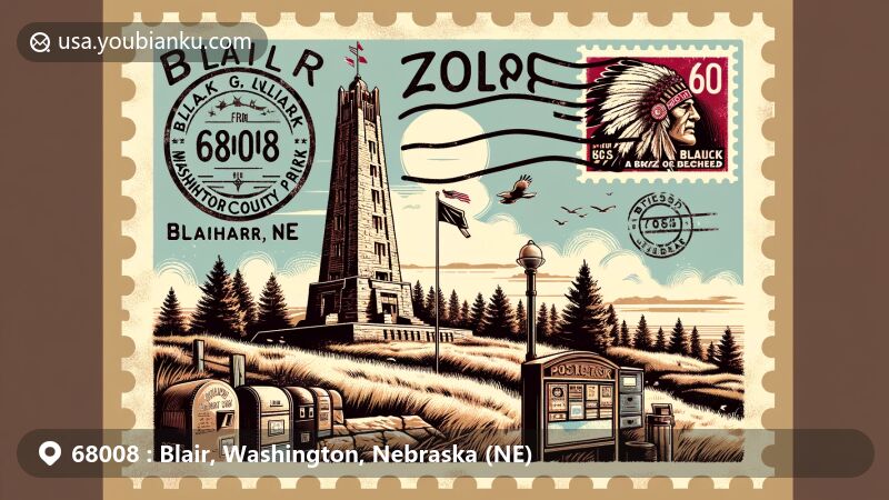 Modern illustration of the Tower of the Four Winds in Black Elk-Neihardt Park, showcasing postal theme with ZIP code 68008, designed by F.W. Thomsen in memory of John G. Neihardt and Black Elk.
