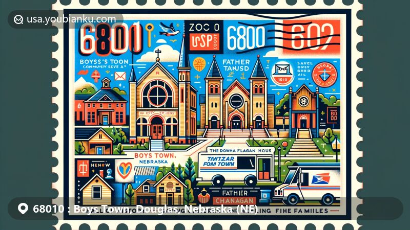 Modern illustration of Boys Town, Douglas County, Nebraska, capturing iconic landmarks like Hall of History, Dowd Chapel, and Father Flanagan House, with postal-themed design featuring a postage stamp shape and postal truck.