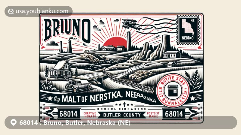 Modern illustration of Bruno, Butler County, Nebraska, capturing the essence of ZIP code 68014 with state symbols and iconic landmarks like Chimney Rock and Toadstool Geologic Park.