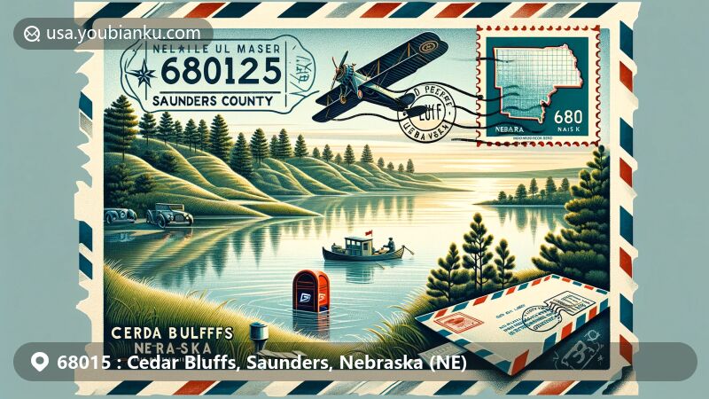 Modern illustration of Cedar Bluffs, Saunders County, Nebraska, featuring postal theme with ZIP code 68015, showcasing tranquil Wolf Lakes and vintage air mail envelope with Nebraska stamp and Cedar Bluffs star.
