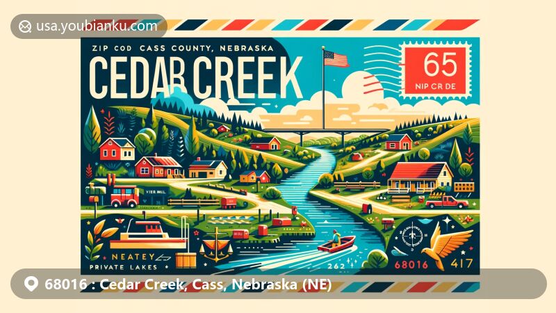 Modern illustration of Cedar Creek, Cass County, Nebraska, featuring vibrant Cedar Creek, Nebraska state flag, village atmosphere, outdoor recreation area, and postal elements with ZIP code 68016.