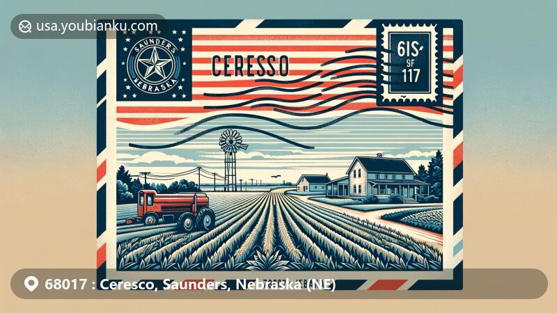 Modern illustration of Ceresco, Saunders County, Nebraska, blending postal theme with ZIP code 68017, incorporating Nebraska state flag, rural scenery, and vintage airmail envelope design.