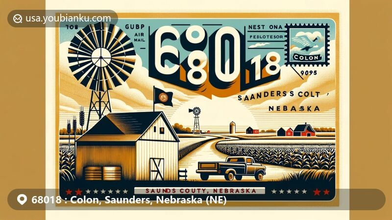 Modern illustration of Colon, Saunders County, Nebraska, showcasing postal theme with ZIP code 68018, featuring agricultural landscapes, a small village, vintage air mail envelope, and Nebraska state flag.