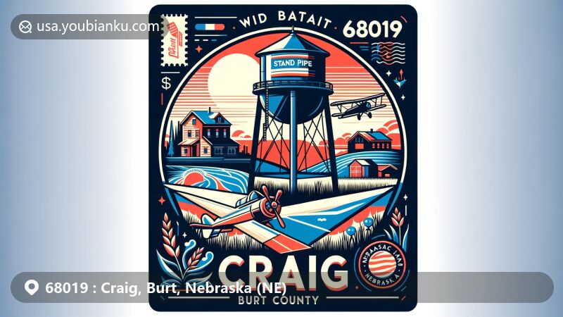 Modern illustration of Craig, Burt County, Nebraska, featuring a creatively designed airmail envelope showcasing Craig's standpipe water tower, American Indian tribe elements, Nebraska's state outline, postal symbols, and natural scenery overlooking Bell Creek valley.