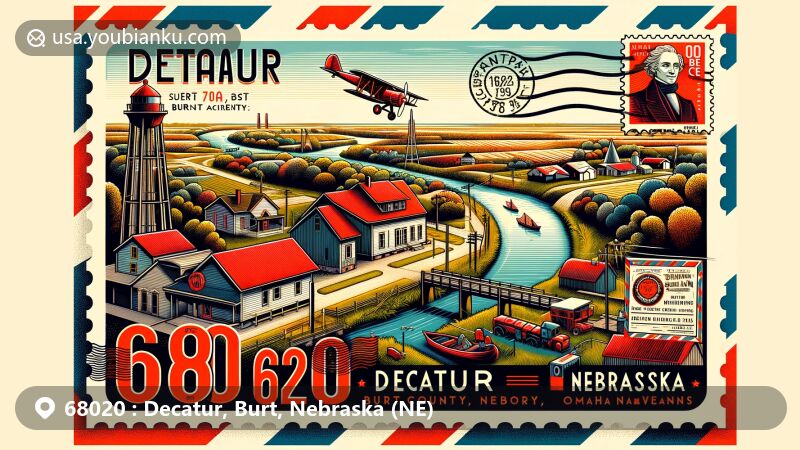 Vibrant illustration of Decatur, Burt County, Nebraska, depicting postal theme with ZIP code 68020, showcasing Missouri River, Stephen Decatur references, and Omaha Native American culture.