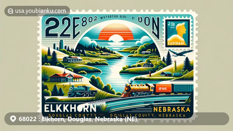 Modern illustration of Elkhorn, Douglas County, Nebraska, representing ZIP code 68022, featuring Elkhorn River, Union Pacific Railroad, community vibes, parks, and outdoor activities, blending with Nebraska landscape.