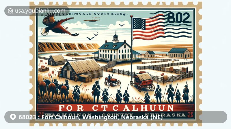 Modern illustration of Fort Calhoun, Washington County, Nebraska, highlighting the postal theme with ZIP code 68023. Featuring stylized Fort Atkinson, soldiers in historical attire, and the Washington County Museum.