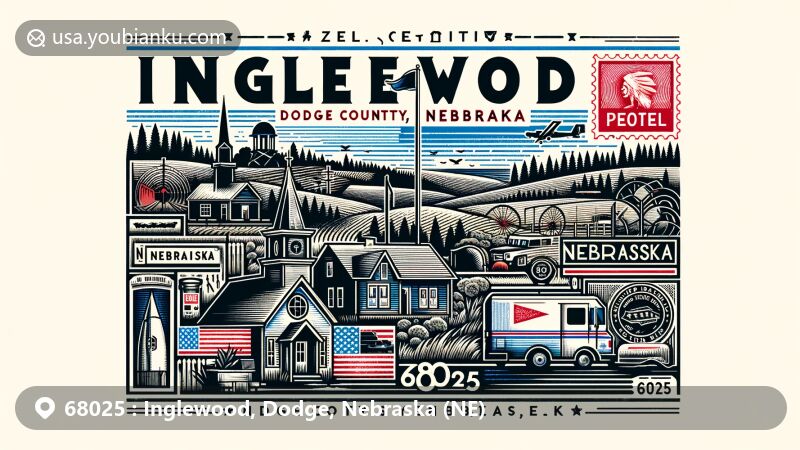 Modern illustration of Inglewood, Dodge County, Nebraska, showcasing postal theme with ZIP code 68025, featuring Nebraska state flag, Dodge County silhouette, and elements representing village atmosphere.