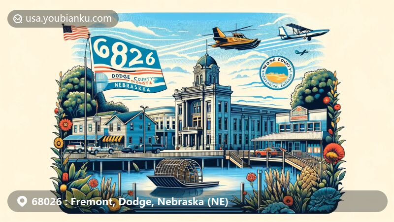 Illustration of the 68026 ZIP code area in Fremont, Dodge County, Nebraska, featuring Platte River airboat, Dodge County Historical Society's May Museum, antique shops, postal theme with '68026' code, and Nebraska state symbols.