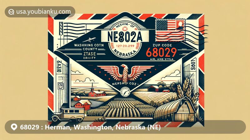 Modern illustration of Herman, Washington County, Nebraska, showcasing postal theme with ZIP code 68029, featuring rural agricultural scene and Nebraska state symbolism.