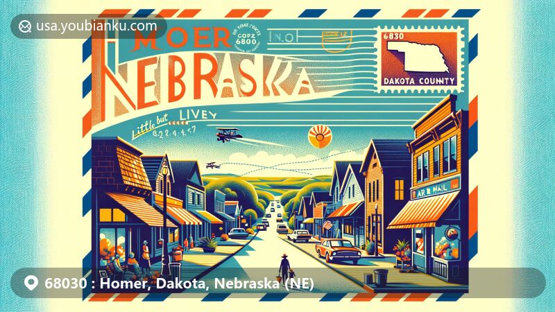 Vibrant illustration of Homer, Dakota County, Nebraska, celebrating ZIP code 68030, with dynamic postcard design showcasing local charm and community life in a small-town setting.