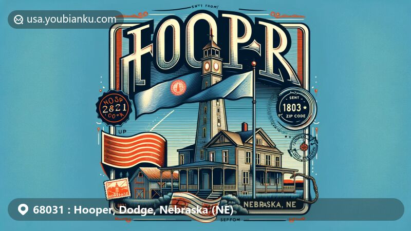 Modern illustration of Hooper, Dodge County, Nebraska, featuring landmark tower and state flag, integrated with postal theme showcasing '68031 ZIP Code' and 'Sent from Hooper, NE' postmark.
