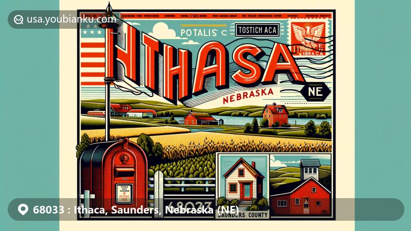 Charming illustration of Ithaca, Nebraska (postal code 68033), highlighting small-town allure with Nebraska state flag, Saunders County outline, rural landscapes, vintage postcard design, and nostalgic postal themes.