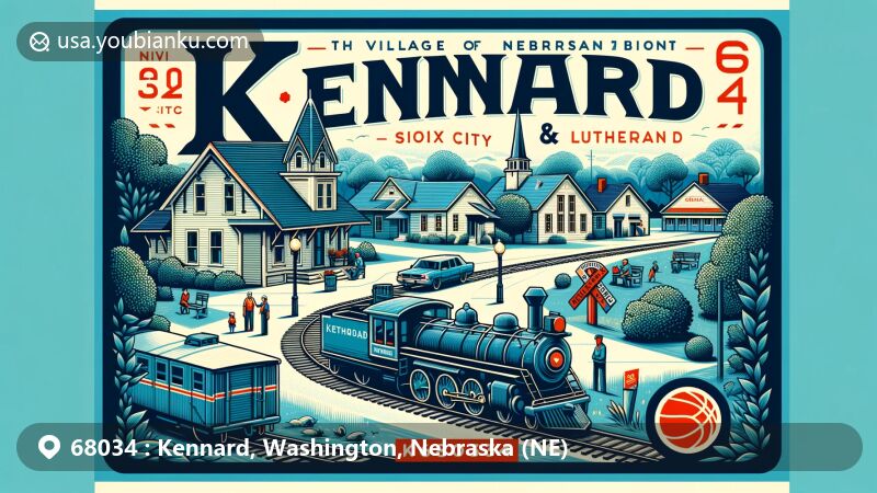Modern illustration of Kennard, featuring the historic Sioux City & Pacific Railroad, highlighting the charm of this rural town with a touch of nostalgia.