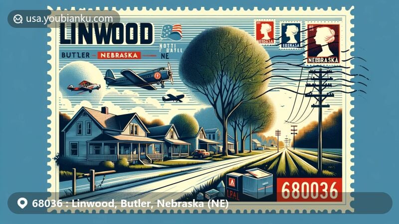 Modern illustration of Linwood village, Butler County, Nebraska, featuring tranquil streets, linden trees, and a postal theme with ZIP code 68036, incorporating vintage postcards, air mail envelopes, and Nebraska state symbols.