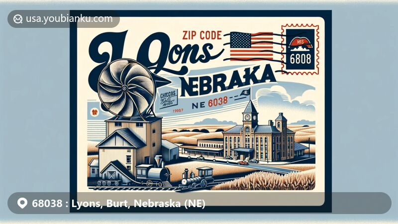 Modern illustration of Lyons, Nebraska, highlighting iconic elements and rich history, including Lyons Roller Mills, Chicago NW Depot, and old Main Street, with a focus on early economic activities, railway network connections, historical architecture, and community spirit.