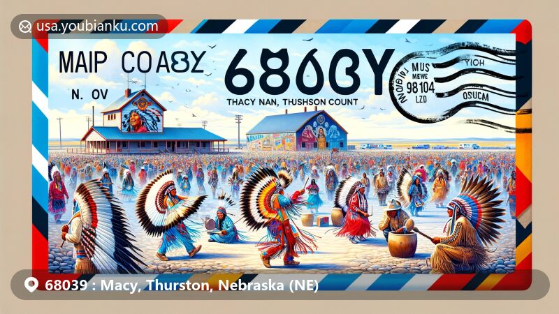 Modern illustration of Macy area, Thurston County, Nebraska, with vibrant powwow scene, Omaha Reservation culture, and airmail envelope featuring ZIP code 68039.