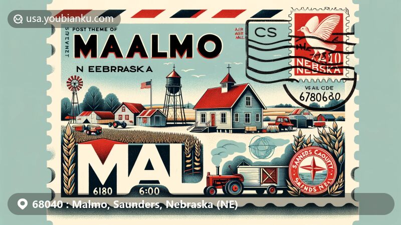 Modern illustration of Malmo, Saunders County, Nebraska, featuring vintage air mail envelope theme and tranquil rural scenery, incorporating Nebraska state flag and agricultural elements.