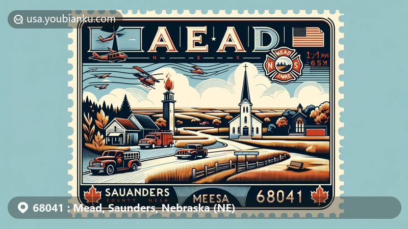 Idyllic illustration of Mead, Saunders County, Nebraska, showcasing ZIP code 68041, highlighting tranquil small-town charm with volunteer fire department, church, and Saunders County name.