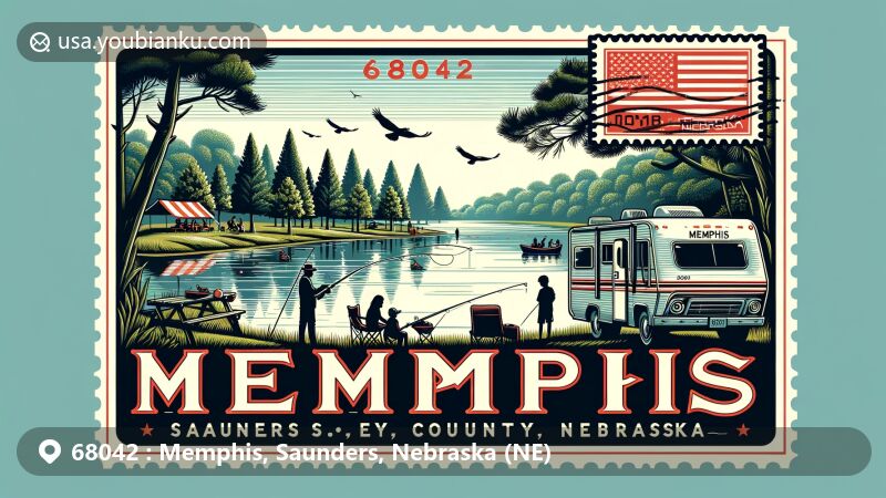Modern illustration of Memphis, Saunders County, Nebraska, featuring Memphis State Recreation Area with a 48-acre lake, lush greenery, people fishing and camping. Scene framed like vintage postcard with Nebraska state flag postage stamp and postal mark 'Memphis, NE 68042'.