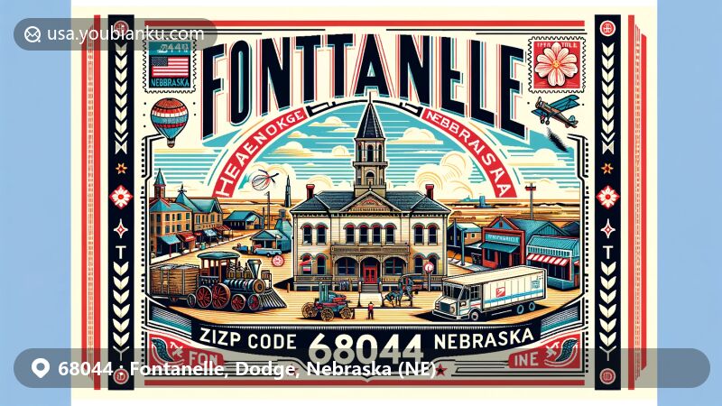 Modern illustration of Fontanelle, Dodge, Nebraska, showcasing postal theme with ZIP code 68044, featuring Fontanelle Township Hall against Elkhorn River, representing historical ties with Pawnee tribe and early boomtown characteristics.