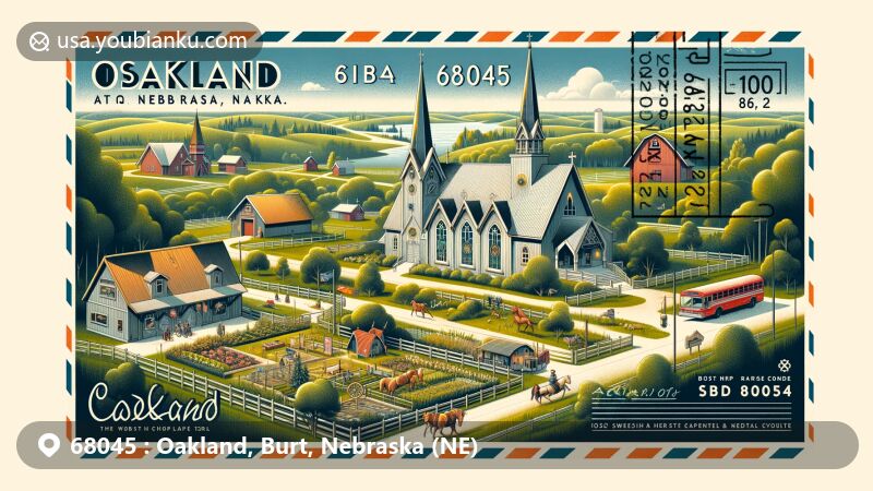 Modern illustration of Oakland, Burt County, Nebraska, with ZIP code 68045, featuring Swedish Heritage Center and rural charm, showcasing agricultural roots and Swedish culture.
