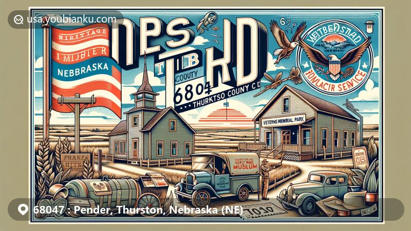 Modern illustration of Pender, Thurston County, Nebraska, capturing essence of postal theme with ZIP code 68047, featuring Heritage Museum, Veterans Memorial Park, vintage postal elements, and Nebraska state flag.