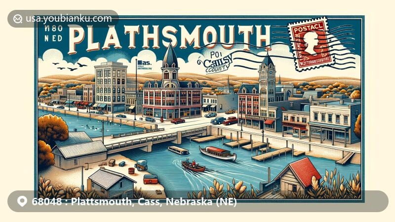 Modern illustration of Plattsmouth, Nebraska, highlighting postal theme with historical landmarks like Main Street Historic District, Cass County Historical Society Museum, and Schilling Wildlife Management Area. References to Lewis & Clark expedition and confluence of Platte and Missouri Rivers. Vintage postal elements like postcard format, postage stamps, postmark with ZIP code 68048, and imagery of sending and receiving mail incorporated.