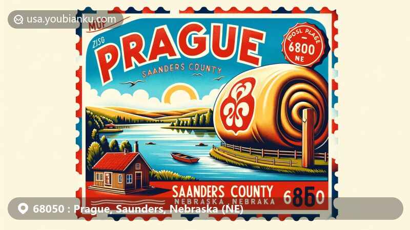 Modern illustration of Prague, Saunders County, Nebraska, capturing the town's Czech heritage and culture through the iconic world's largest kolach, set against the backdrop of picturesque Czechland Lake Recreation Area with outdoor recreational opportunities.
