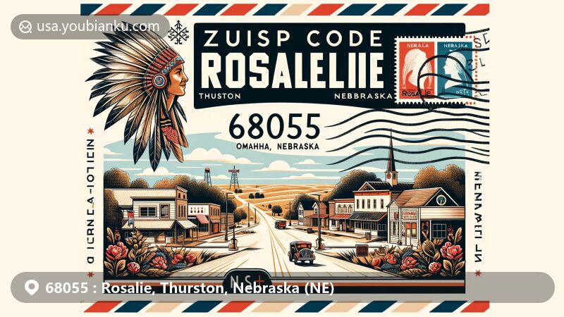 Modern illustration of Rosalie, Thurston County, Nebraska, portraying a vintage postcard with ZIP code 68055, featuring downtown Rosalie and Omaha Indian Reservation.