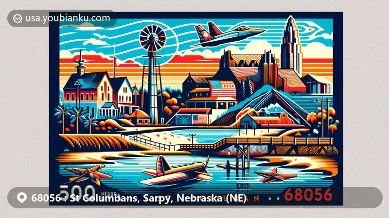 Modern illustration of St Columbans, Sarpy County, Nebraska, showcasing postcard design highlighting ZIP code 68056, featuring historical landmarks like Offutt Air Force Base, William Hamilton House, Linoma Beach, and John Sautter Farmhouse.