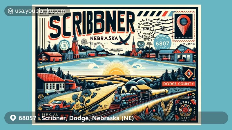 Modern illustration of Scribner, Dodge, Nebraska, showcasing postal theme with ZIP code 68057, featuring Dodge County Fair, local climate symbols, and community event icons.