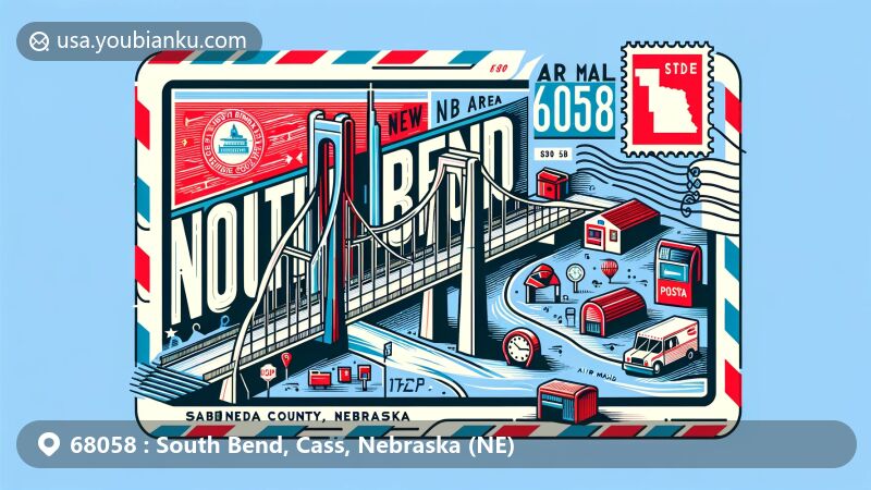 Modern illustration of Cass County, Nebraska, featuring postal theme with ZIP code 68058, showcasing state flag, iconic pedestrian bridge over Platte River, and postal elements like stamps, postmarks, mailbox, and mail truck.