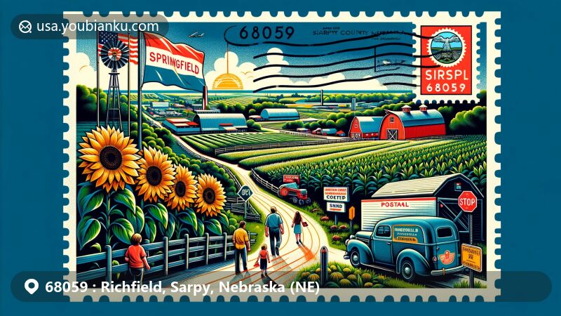 Modern illustration of Richfield and Springfield areas in ZIP code 68059, showcasing postal theme with airmail envelope backdrop, stamps, and postmark, featuring Nebraska state flag and agricultural heritage.